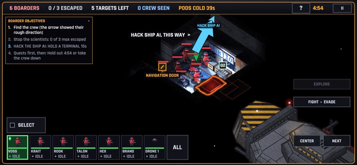 A boarding squad in red moves through the ship toward a terminal to hack the ship's AI