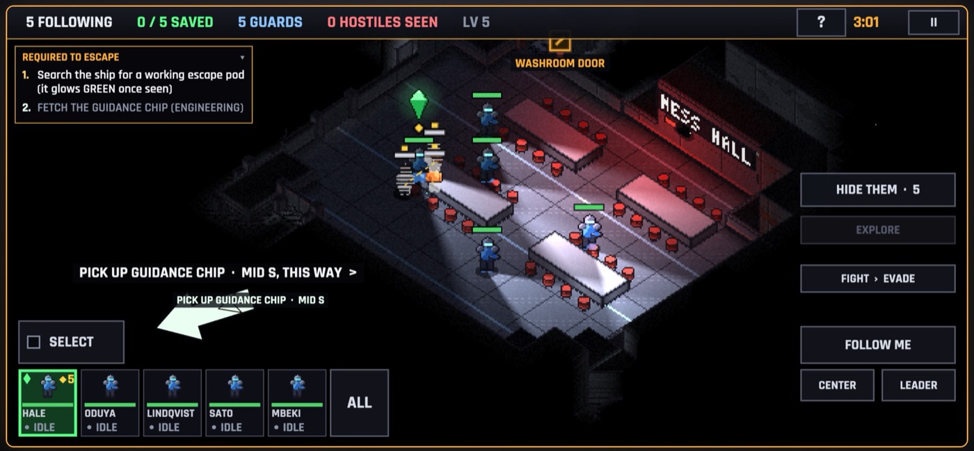 Five guards lead the scientists through a dark mess hall, with the escape objectives listed at the top left