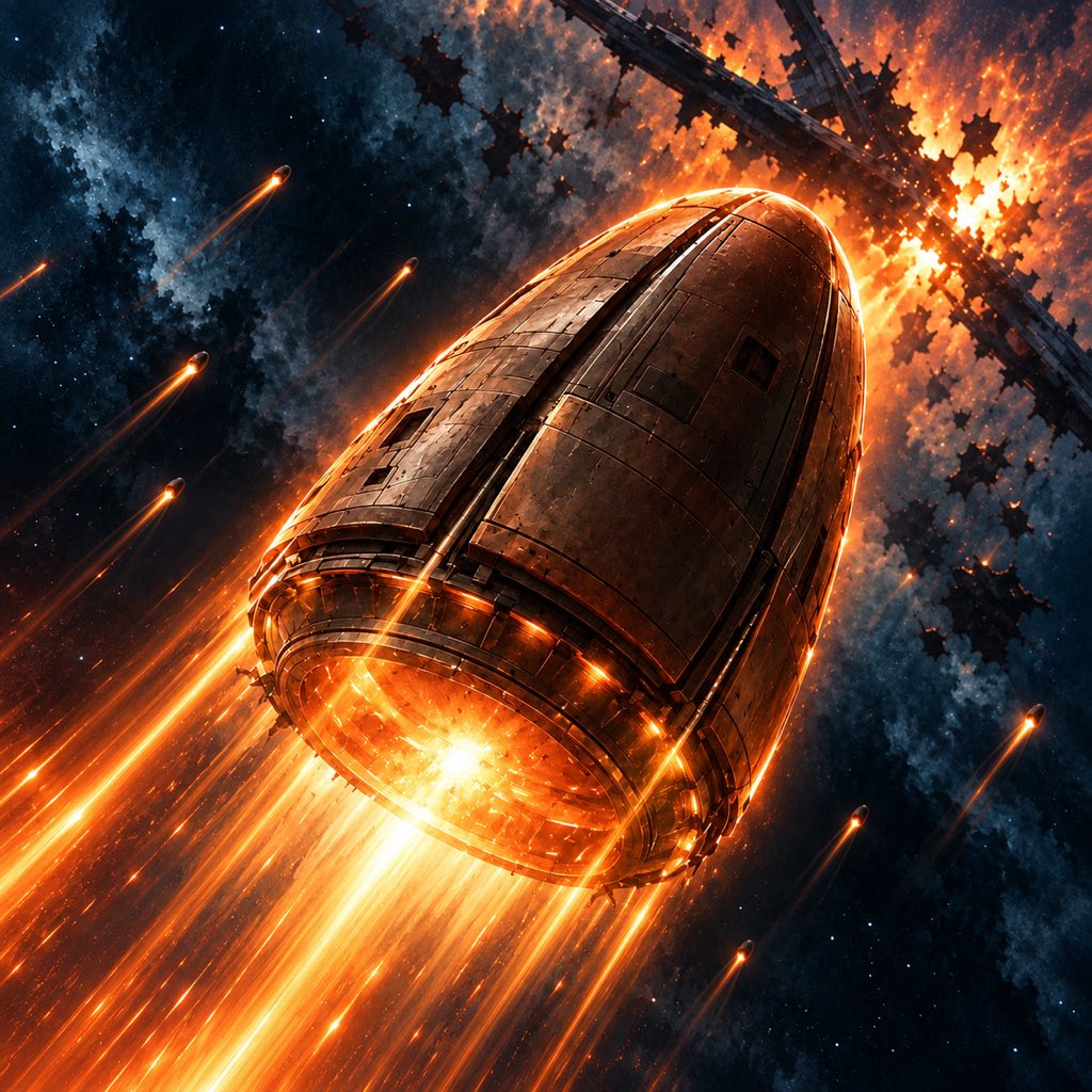 A rusted copper escape pod blasting away from a burning ship on orange thruster light